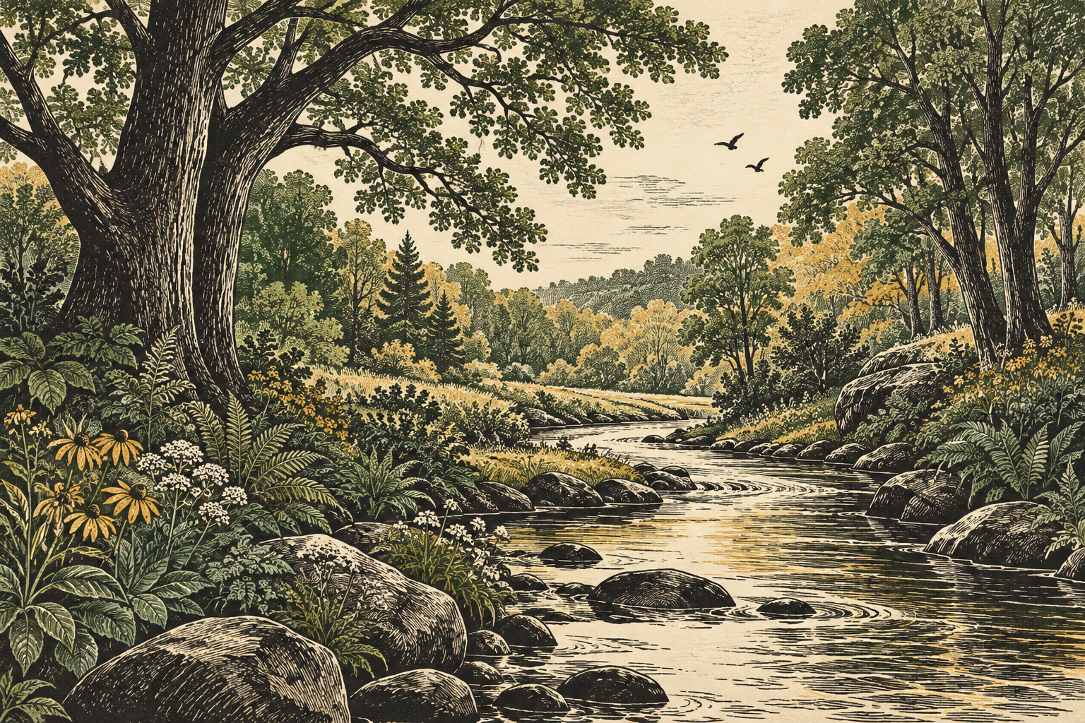 An artistic illustration of a winding creek beneath a canopy of trees